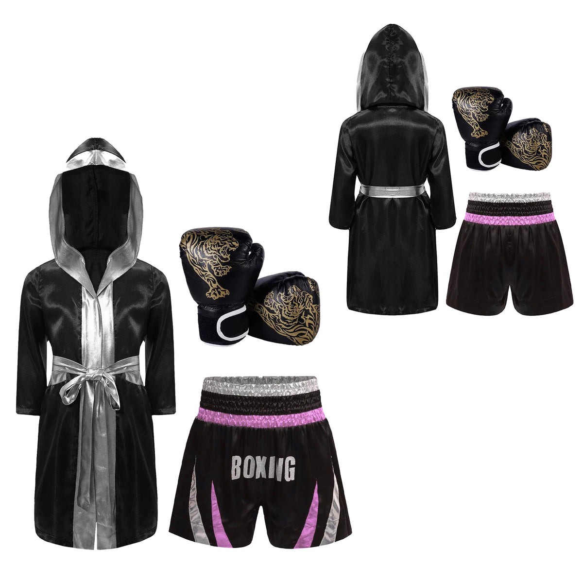 Kids Boxing Training Robe Halloween Carnival Party Boxer Cosplay Costume Long Sleeve Satin Belted Hooded Cloak Shorts Gloves