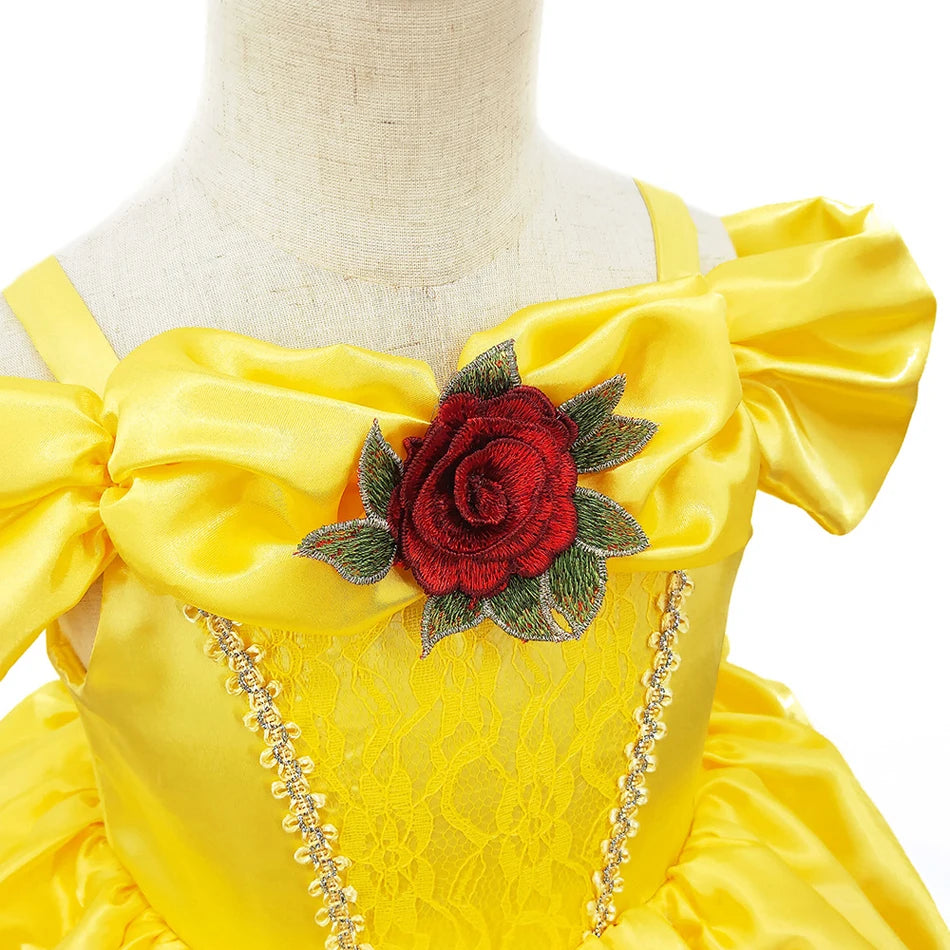 Girls Belle Princess Dress Yellow Party Dress Puff Sleeve Ruched Bodice Lace Hem Princess Gown for Kids Halloween Cosplay Party