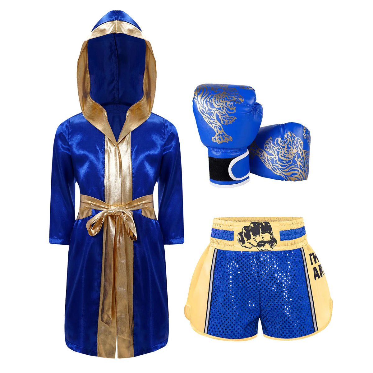 Kids Boxing Training Robe Halloween Carnival Party Boxer Cosplay Costume Long Sleeve Satin Belted Hooded Cloak Shorts Gloves