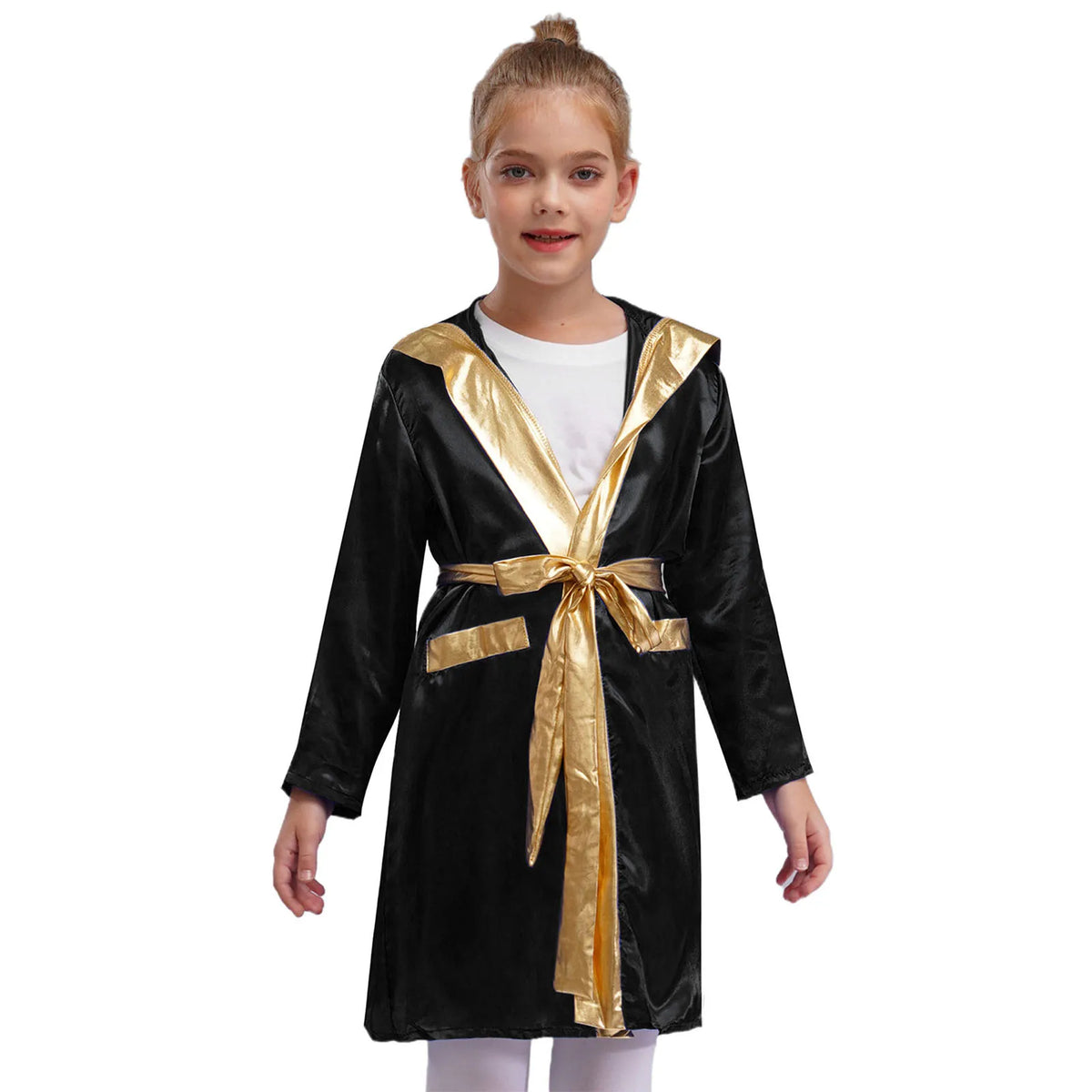 Kids Boxing Training Robe Halloween Carnival Party Boxer Cosplay Costume Long Sleeve Satin Belted Hooded Cloak Shorts Gloves