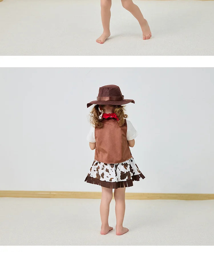 Kids Cowgirl Dress Complete Set  Western Cowboy Cowgirl Costume 4-Piece Set Christmas Play Outfit Halloween Clothes for Child